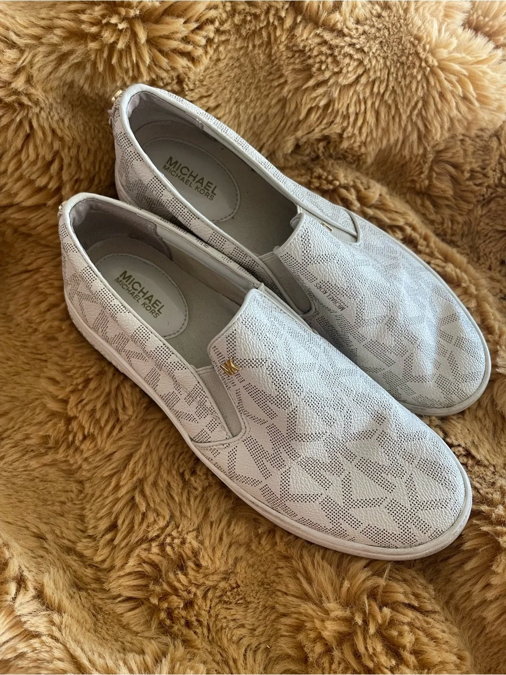 Michael Kors White and Gold MK Logo Slip-On Sneakers